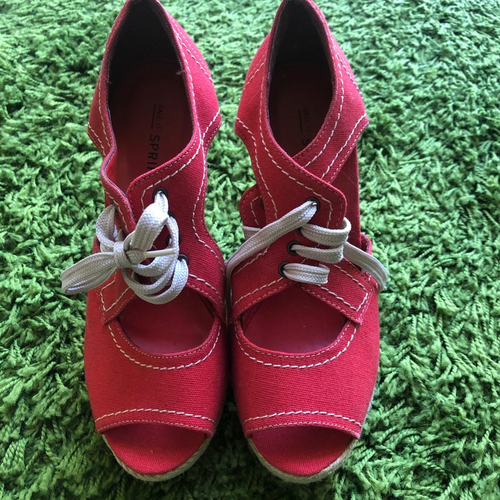 Call it Spring red lace up wedges.